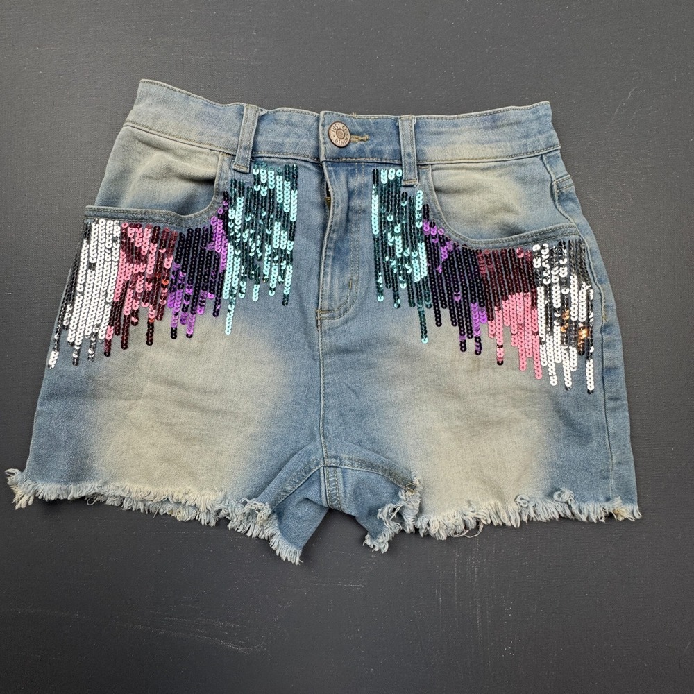 Justice Girls 18 Blue Denim Shorts High Rise Sequin Fringe Distressed Cutoff Raw